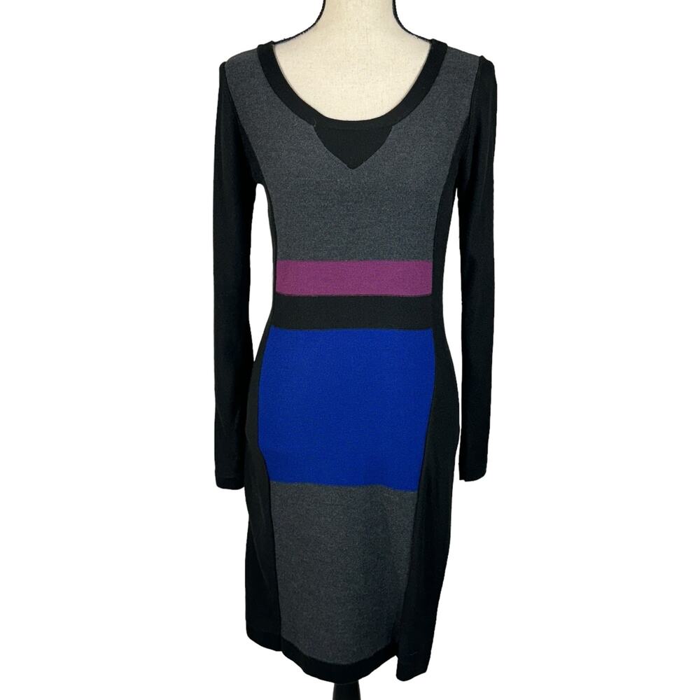 Calvin Klein Small Sheath Sweater Dress Colorblock Stretch Scoop Neck Black